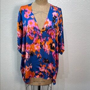 JODIFL Blue Orange Pink Floral V-Neck‎ Short Sleeve Batwing Blouse Size 1X